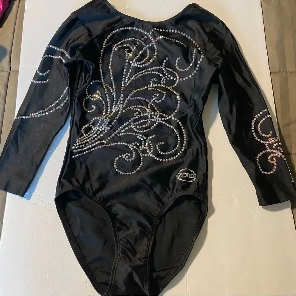 Ozone gymnastics black competition long sleeve custom leotard rhinestone SA